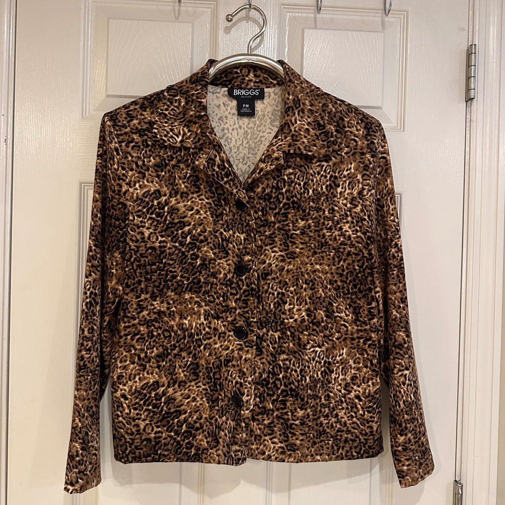 Briggs Petite Leopard Print Button Front Shirt Brown Animal Pattern PM 1-602-B24